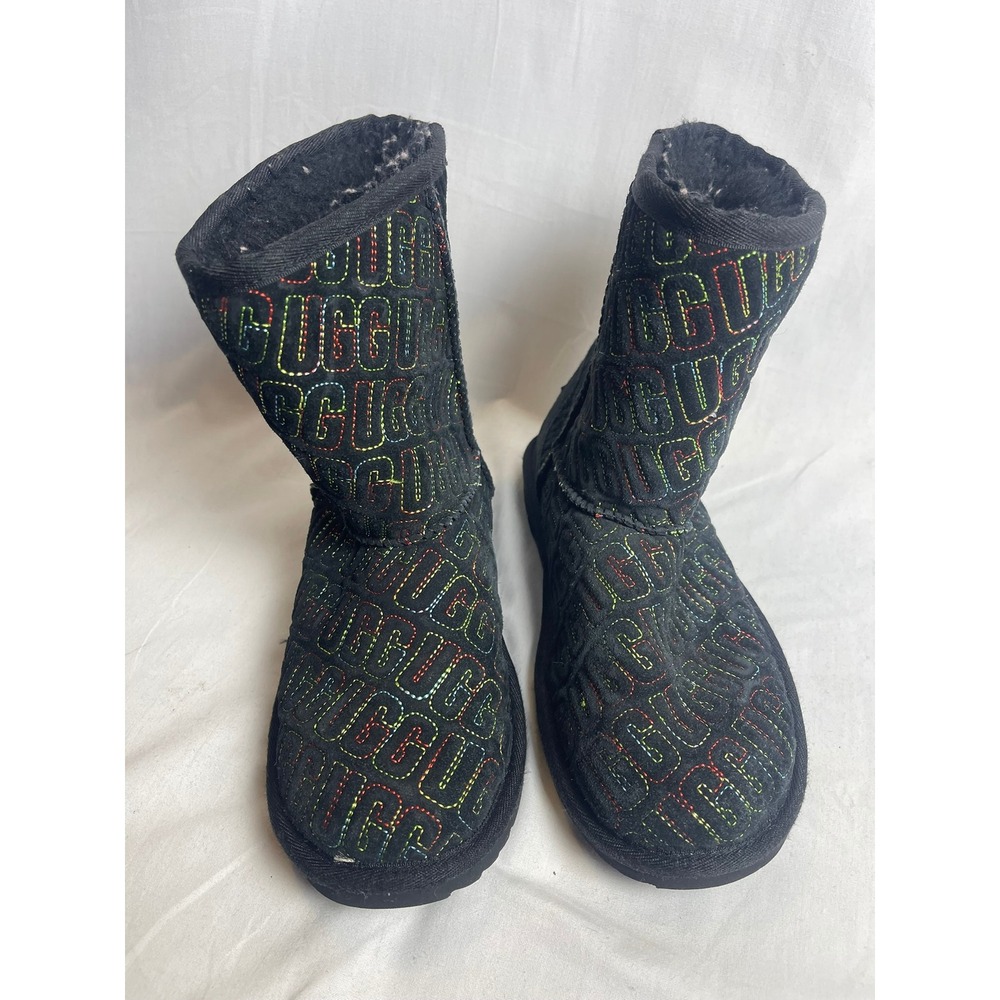 UGG Classic Short Rainbow Monogram Black Suede Boots 1112383K Kids Size 4